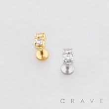 CAT HUGGING HEART CZ 3D TOP PUSHIN (THREADLESS) 316L SURGICAL STEEL LABRET SET